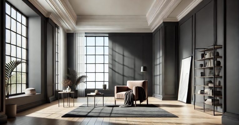 Modern living room with dark painted walls and natural sunlight